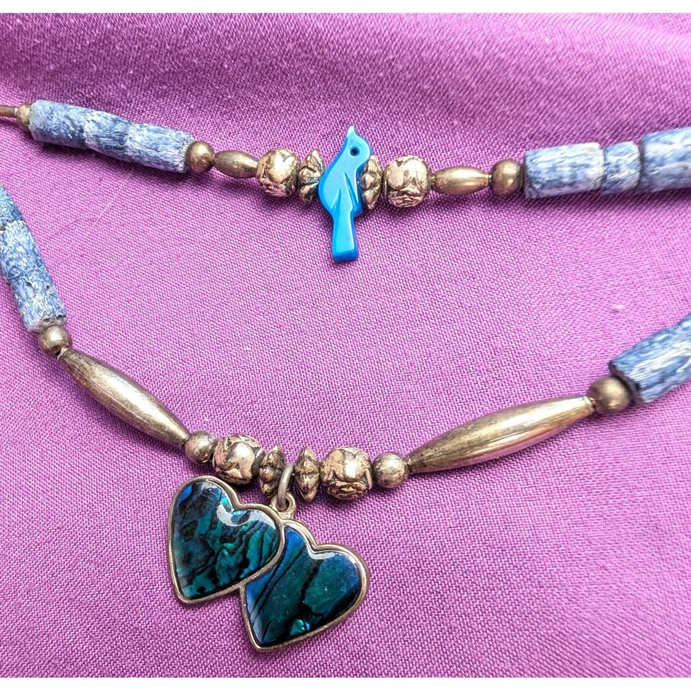Vintage Native American Silver & Turquoise Bead necklace Dove Hearts  90s 19"